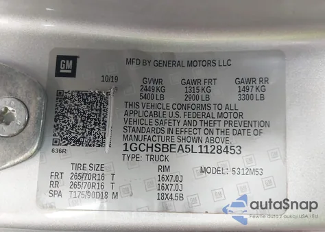 2020 Chevrolet Colorado 2Wd Long Box Wt из США, поврежденный, VIN 1GCHSBEA5L1128453